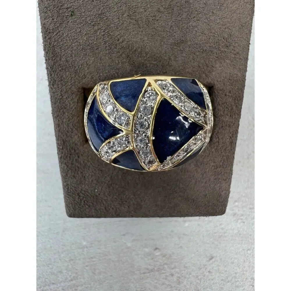 Formal Wear Statement Gold‎ Plated Blue Enamel Chunky Ring - Size 5